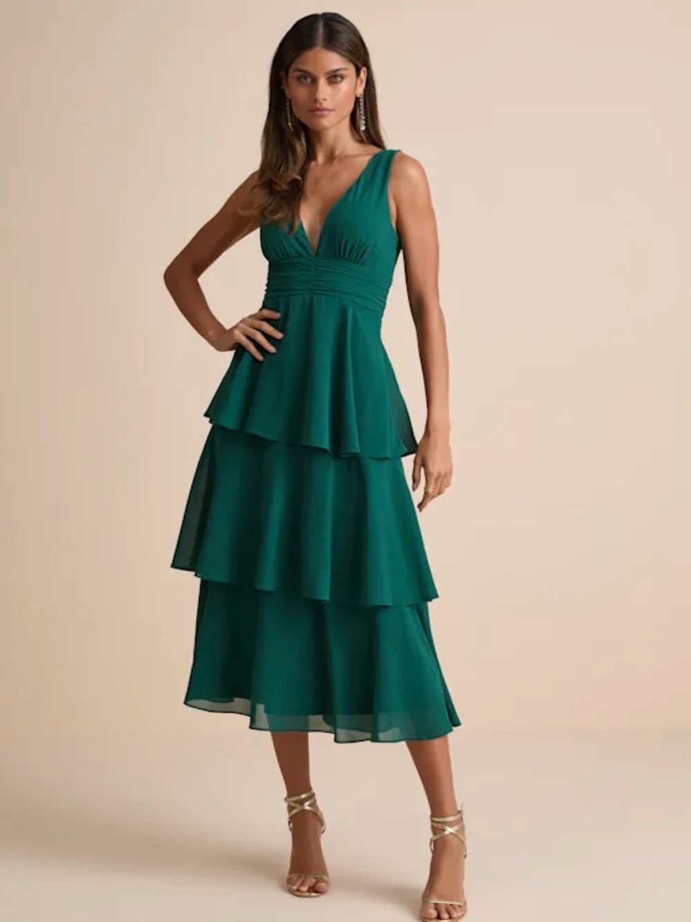 Lulu's Emerald Green Tiered V-Neck Midi Dress